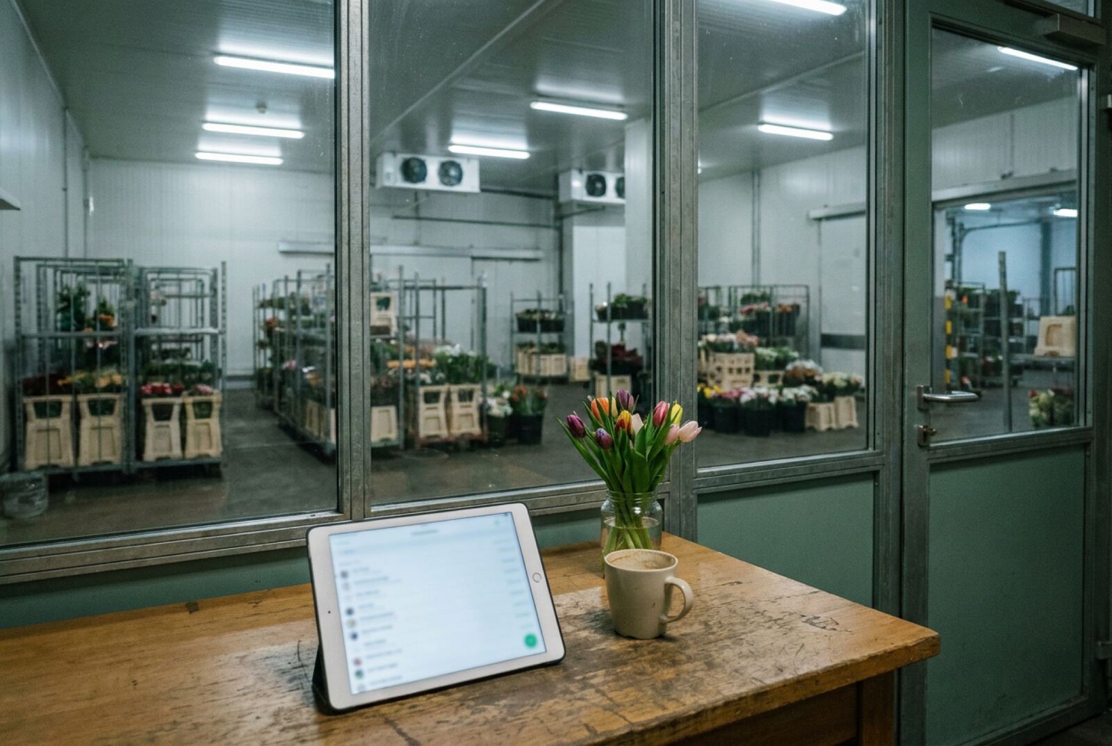 Arbeitsplatz in der Auftragsannahme mit Tablet und Tulpen, dahinter die Kühlhalle
